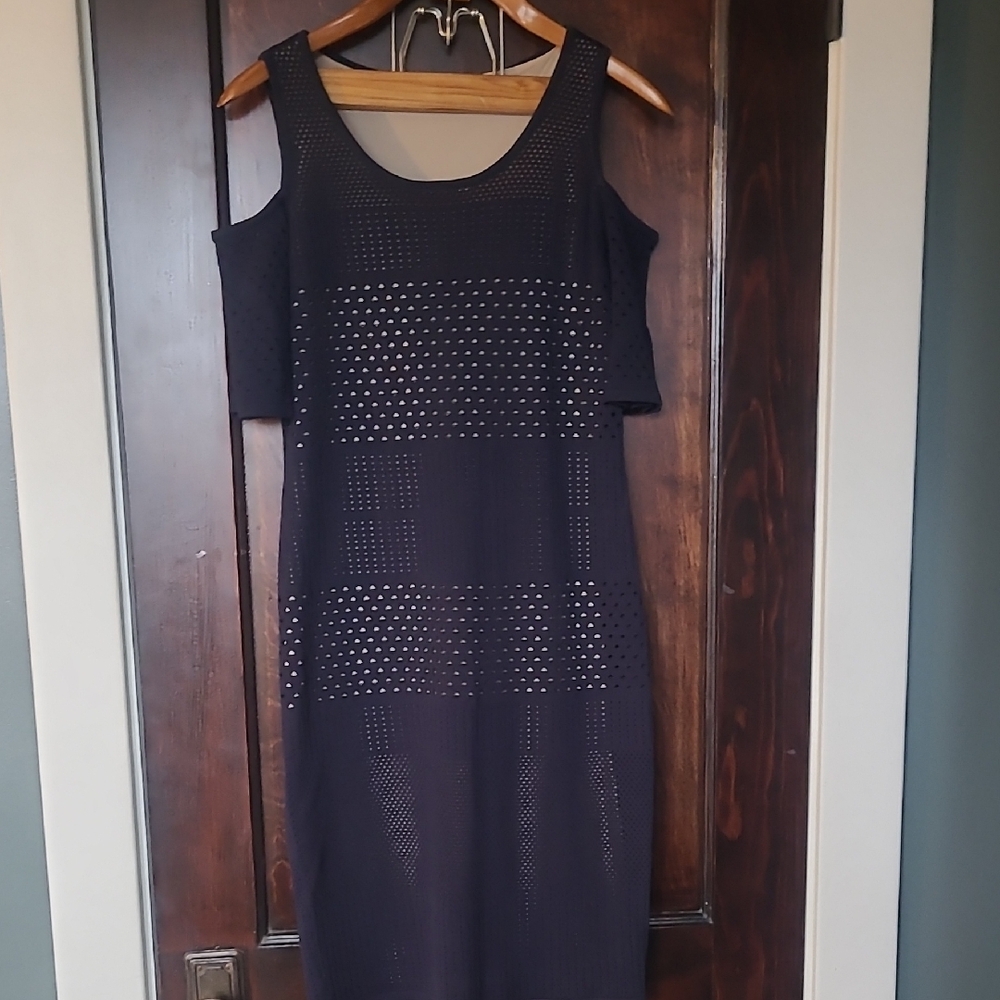 Calvin Klein Navy One-Shoulder Perforated Midi Dress